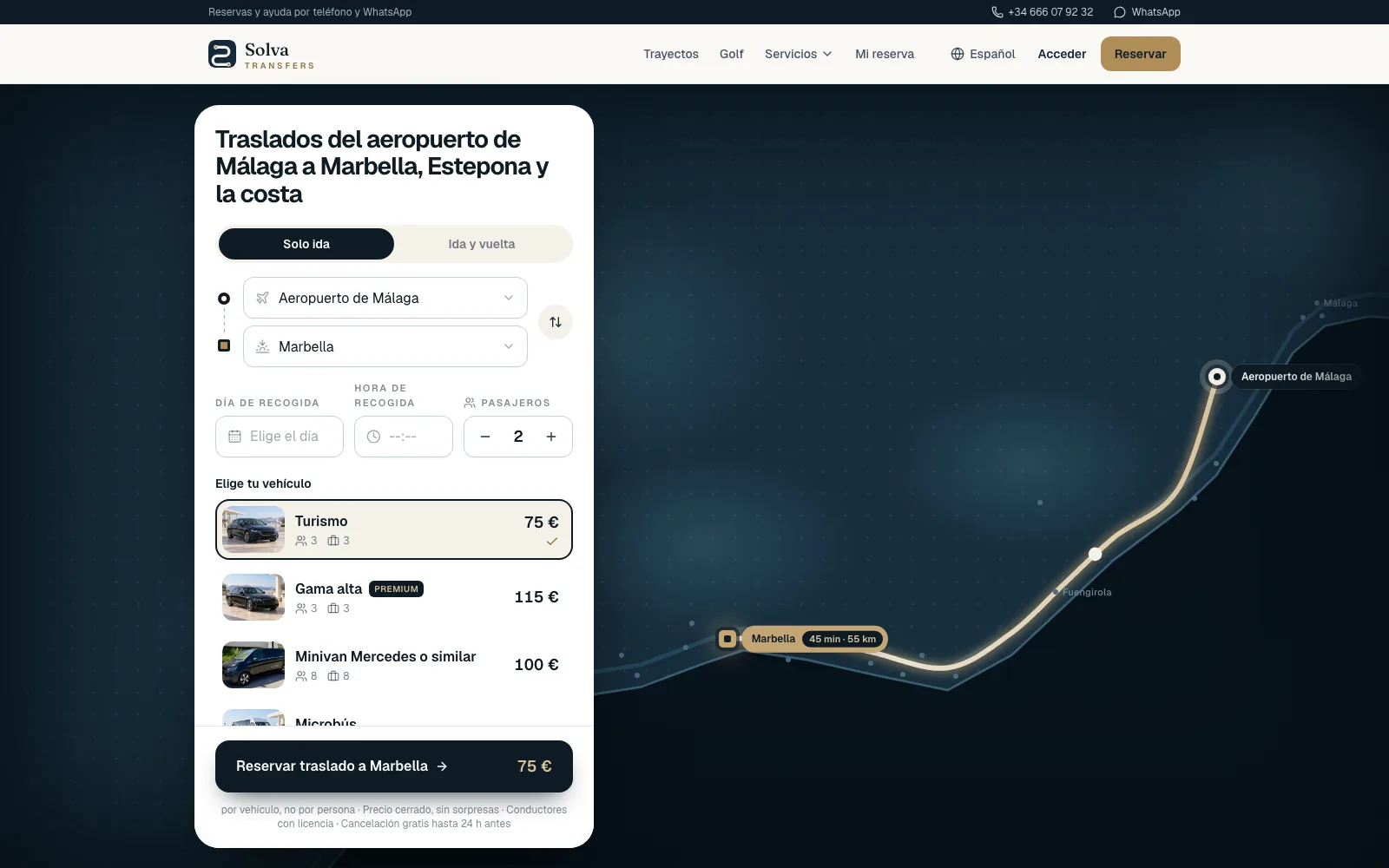 Web de reservas de Solva Transfers en un navegador.